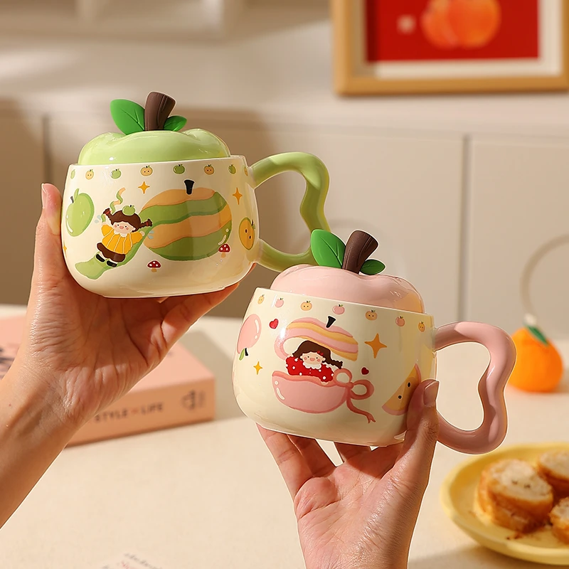 苹果水杯马克杯超好看的喝水杯家用陶瓷杯子带盖咖啡杯实用礼物女