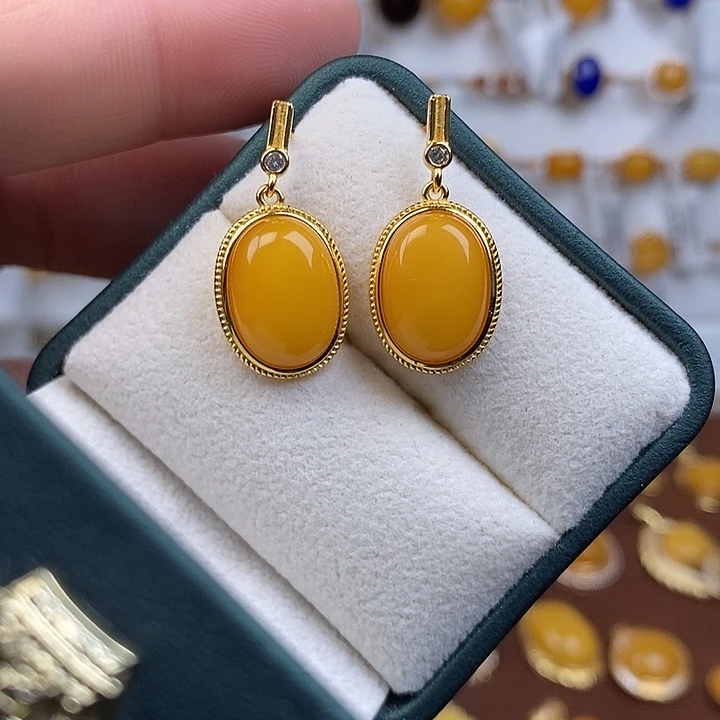 蜜蜡银S925镀金镶嵌耳饰