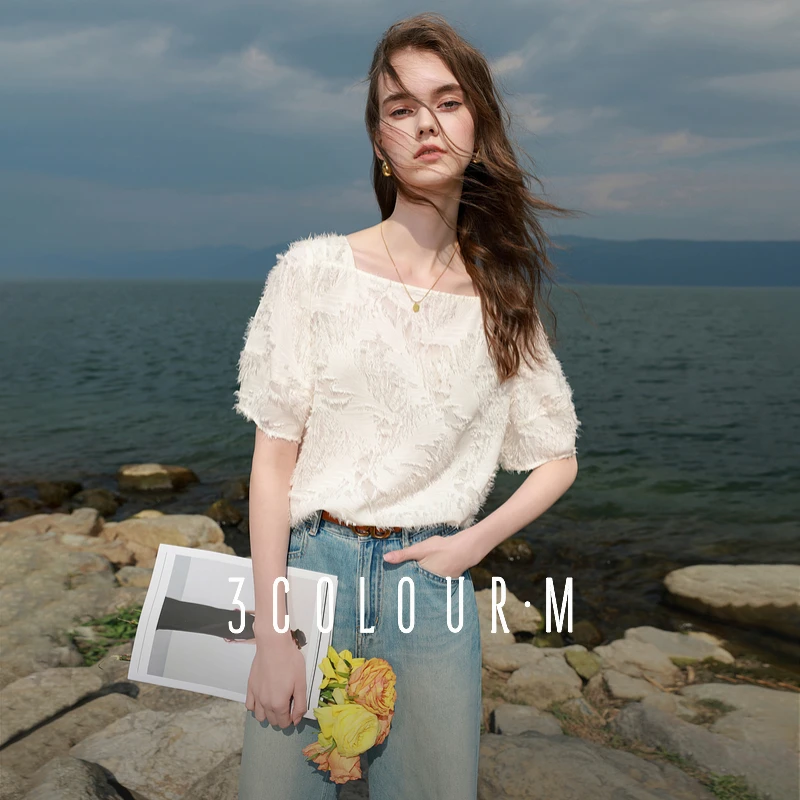 三彩2025夏季新款中袖剪花小衫方领衬衣宽松套头上衣清新M