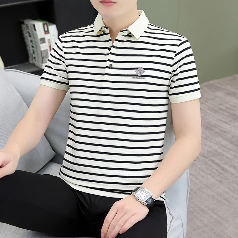 夏季高档男士polo衫潮流时尚翻领条纹短袖t恤男休闲潮牌男装半袖