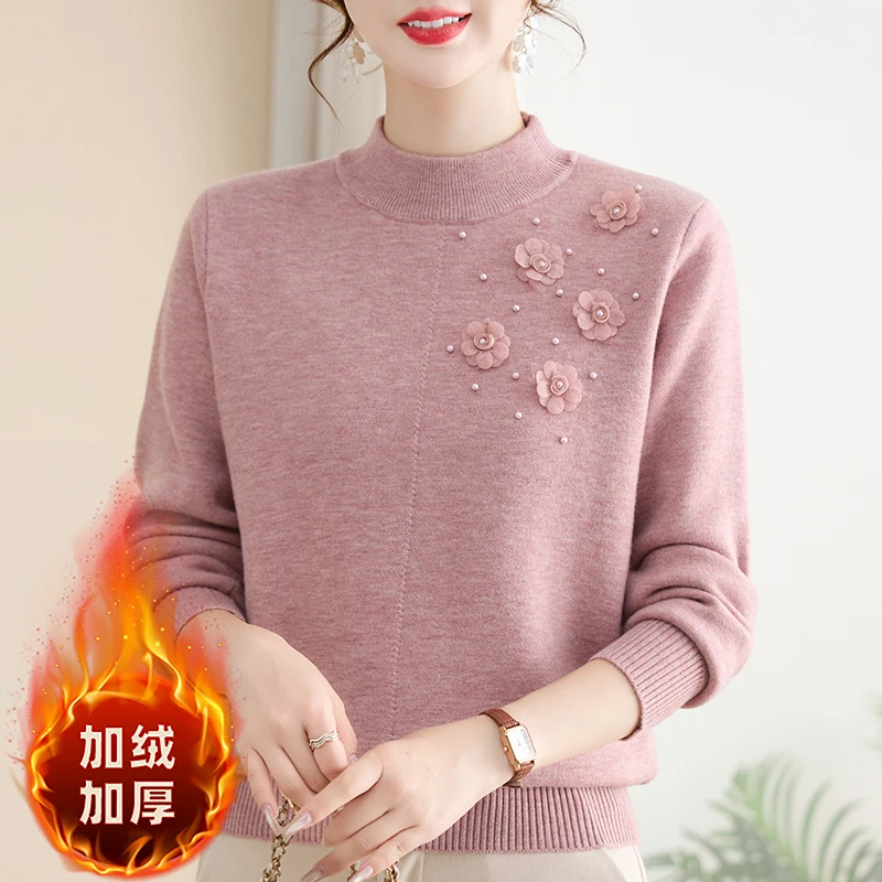 洋气妈妈秋冬装2025新款加绒加厚毛衣中年女装国风弹力气质打底衫