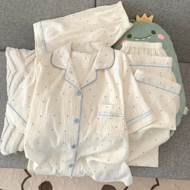 云朵棉夏季简约波点睡衣女短袖三件套宽松大码薄款家居服可外穿