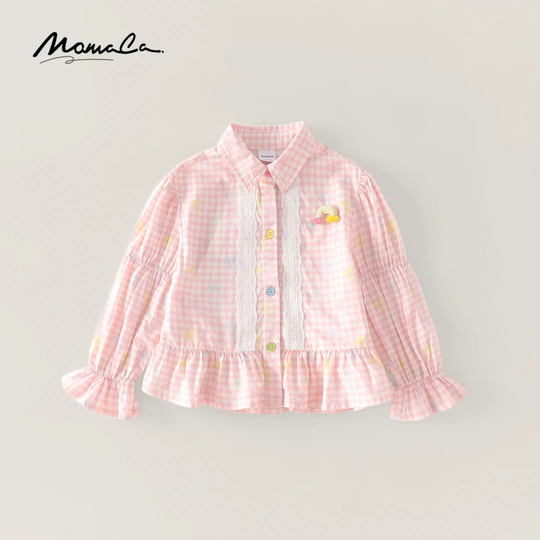 MOMOCO2025款春秋季女童甜美格子小彩虹衬衫77530234015