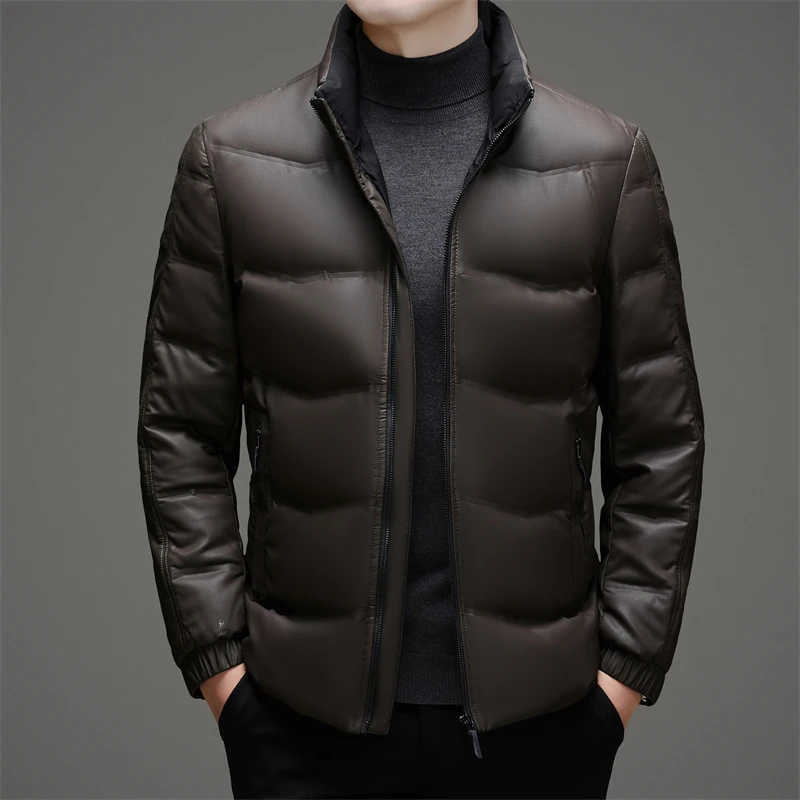 汤米鹅海宁真皮羽绒服男冬季新款皮夹克中年立领外套90%绒加大码