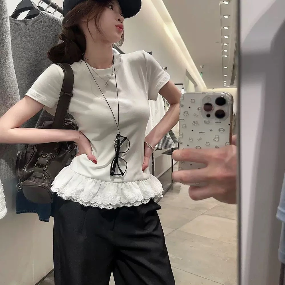 短袖拼接蕾丝辣妹甜美上衣