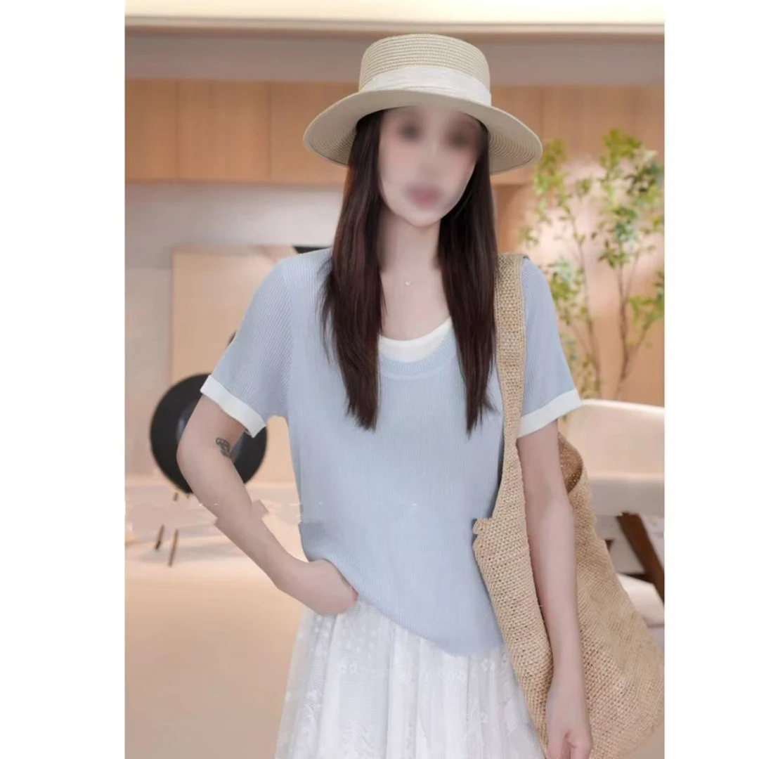 【小巧定制】XQ2426夏季新款休闲时尚显瘦百搭拼接针织上衣