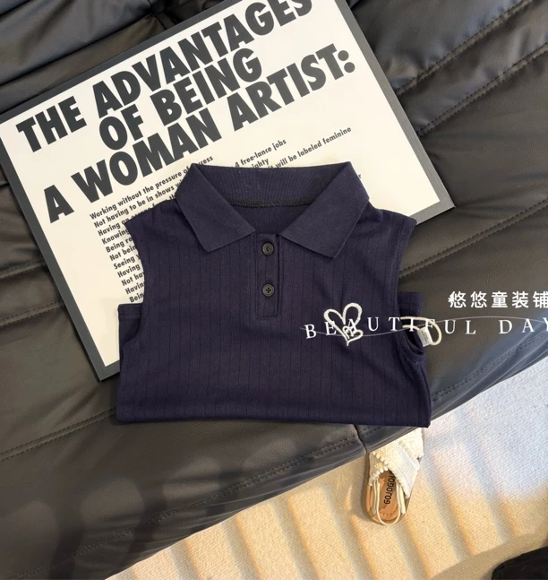 【miu系亲子款】女童夏季新款无袖刺绣翻领上衣T恤女宝宝百搭短袖