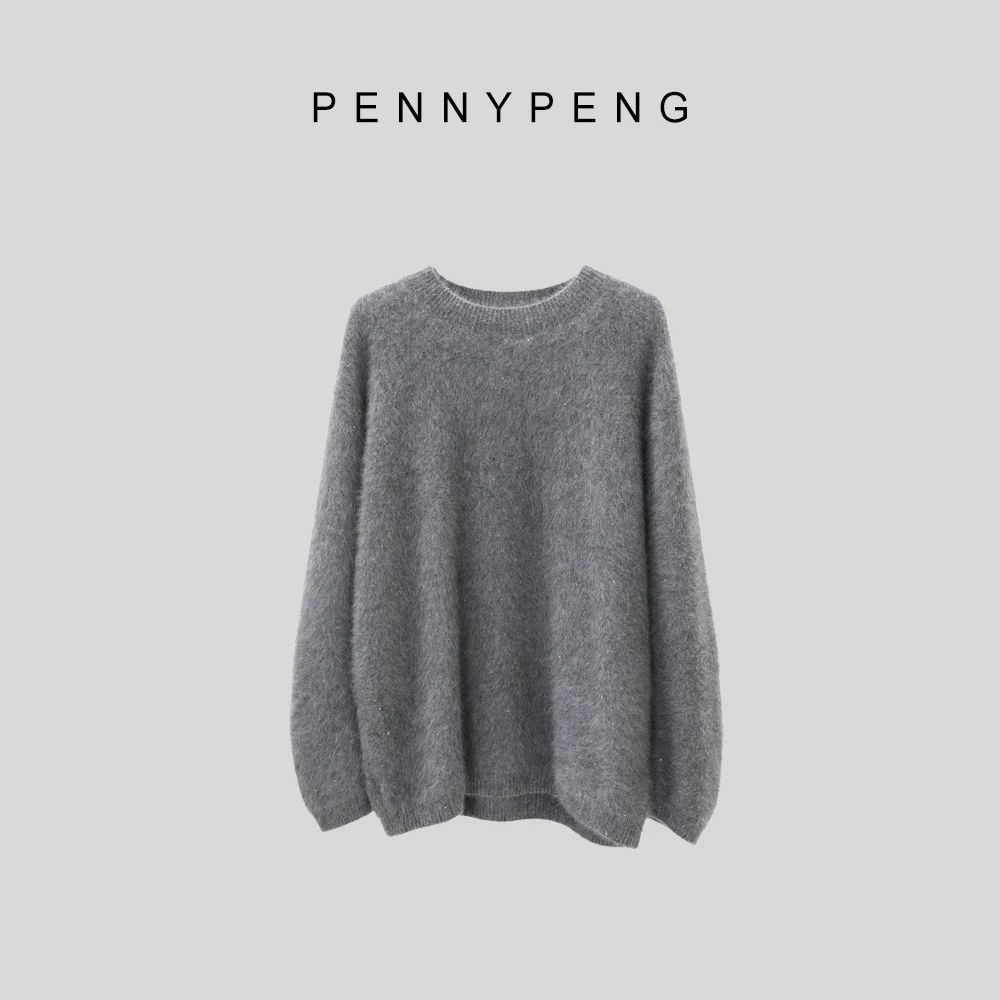 PENNYPENG灰姑娘春季时尚保暖气质休闲打底灰色软糯狐狸绒套头衫