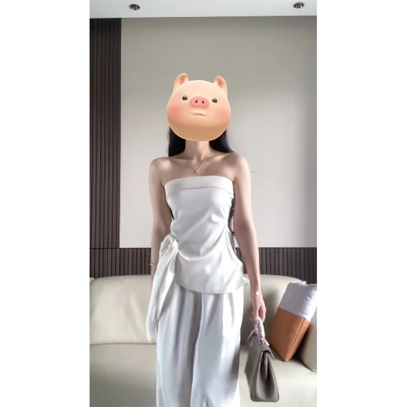 辣妹高级感不规则绑带收腰短款无袖抹胸背心女高腰显瘦阔腿裤套装