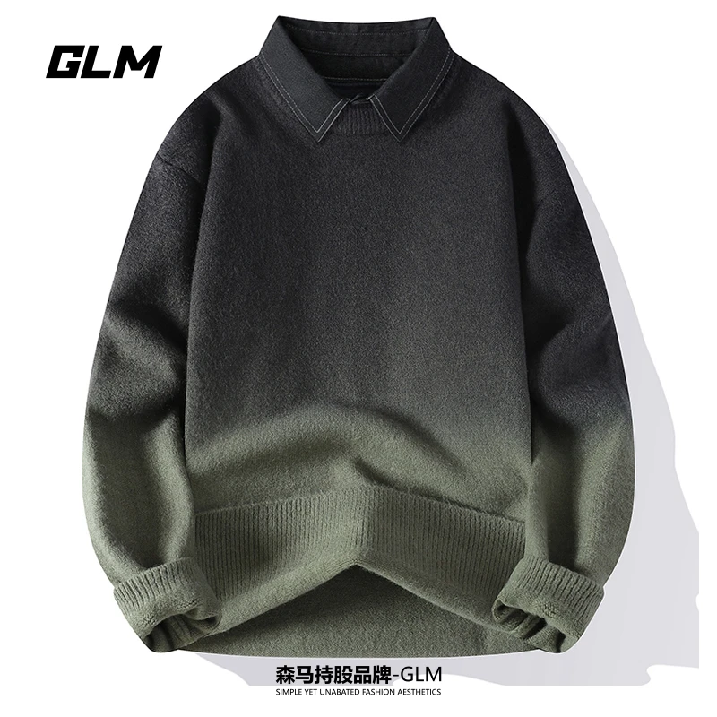 GLM渐变色衬衫领毛衣男秋冬季2024新款宽松休闲保暖假两件针织衫
