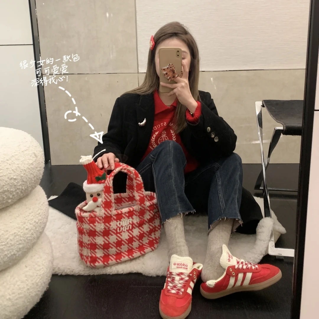 95新 MIU MIU/缪缪 只盒/红白格纹毛巾菜篮子斜挎包