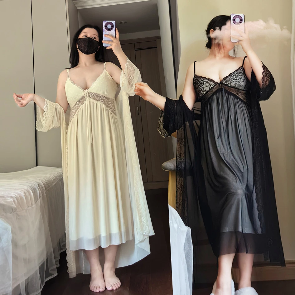 B017夏季带胸垫睡裙200斤胖mm大码睡衣性感蕾丝吊带两件套家居服