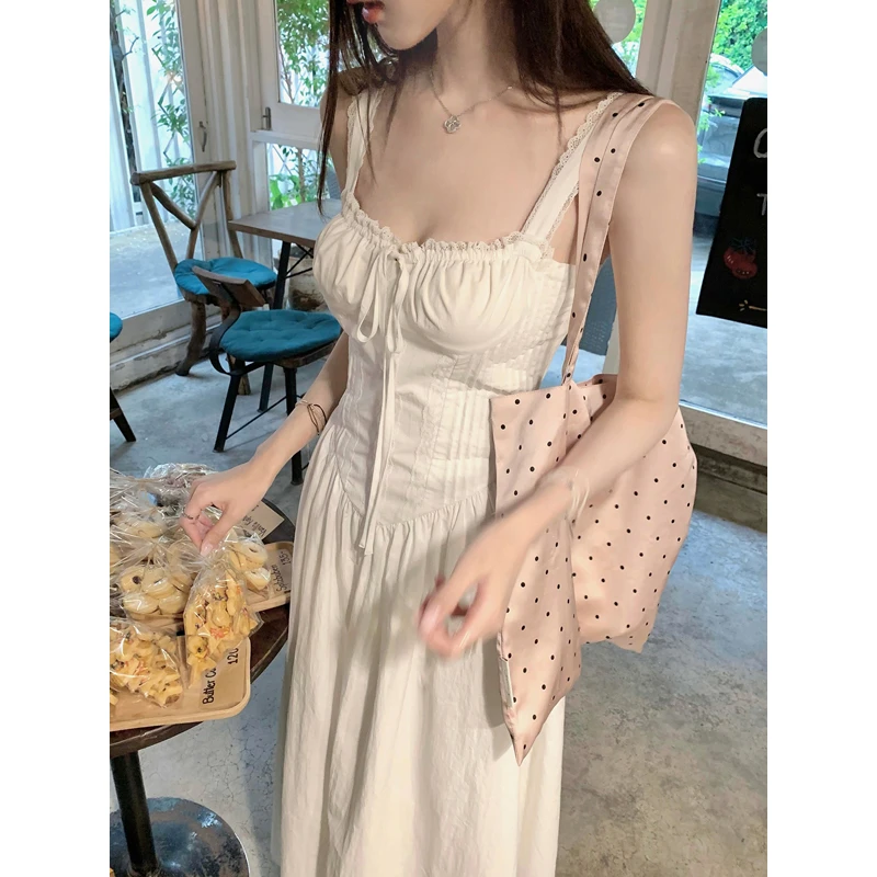 白水女 月下白茶 吊带连衣裙女春法式收腰大摆A字长裙 B50348418