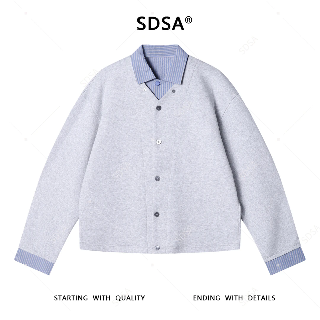 SDSA秋冬新款痞帅男装潮牌拼接纽扣开衫翻领假两件卫衣外套百搭