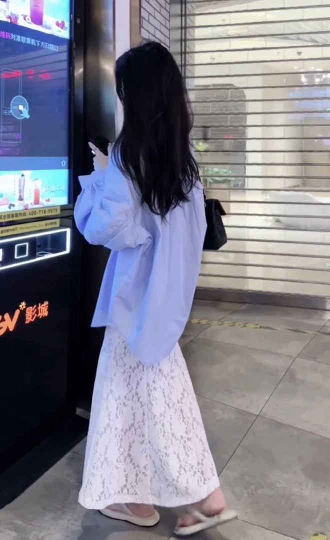 2025春秋新款气质法式宽松高级感蓝色衬衫女蕾丝鱼尾半身裙两件套