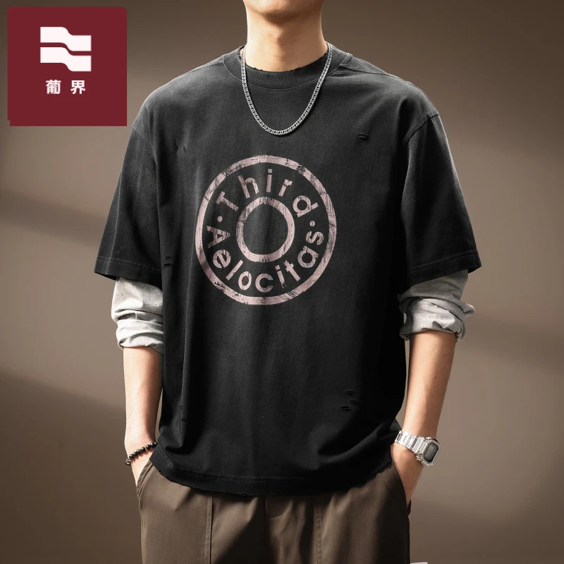 高端美式复古做旧假两件长袖T恤男秋季新款破洞字母印花宽松上衣