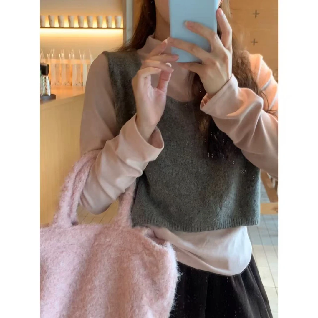 佳儿吖～秋冬温柔氛围感撞色打底马甲两件套5016