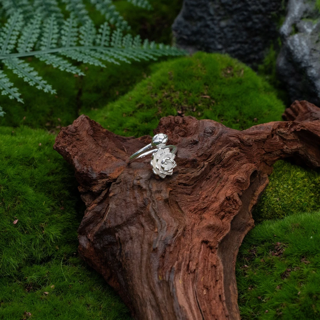 足银戒指 莲花戒指 新中式复古时尚 可转动可调节足银戒指