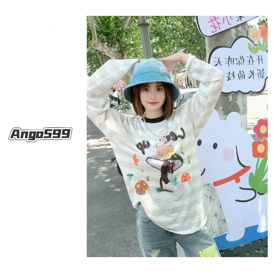 蘑菇狗狗* yb开~小众设计感趣味卡通印花条纹罩衫长袖T