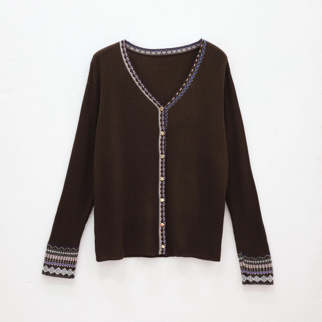 柔软亲肤提花针织衫早秋V领开衫女上衣1325