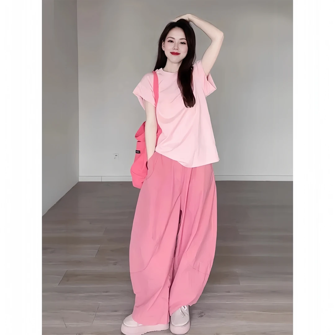 夏日多巴胺一整套T恤阔腿裤两件套慵懒风俏皮活泼减龄套装小个子
