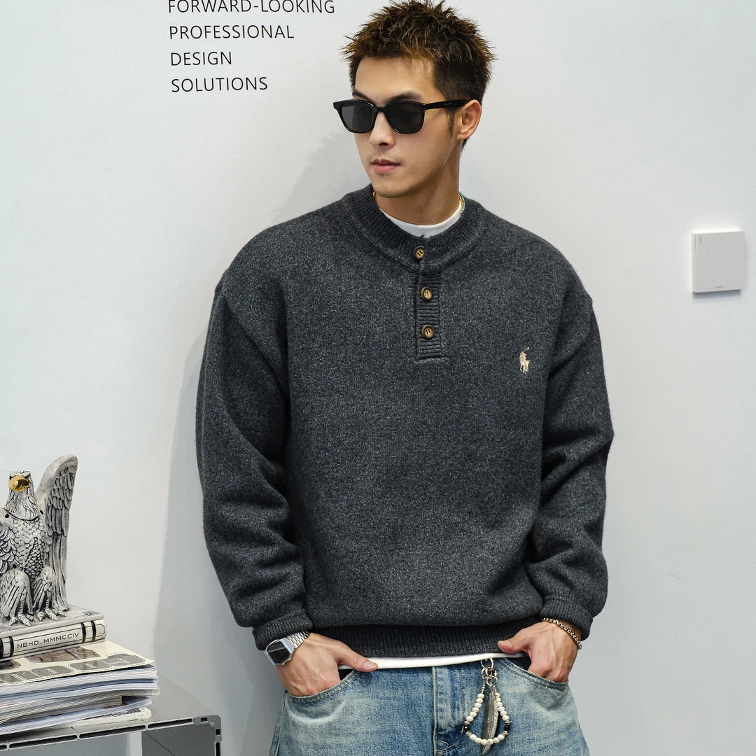 Aft studio毛绒感 亨利领灰色毛衣男冬季休闲套头针织衫通勤上衣