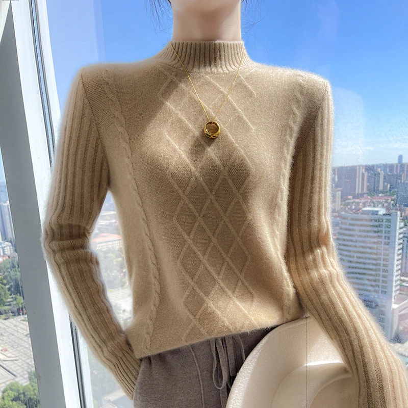羊绒针织衫女半高领套头扭花毛衣秋冬新款加厚针织上衣羊毛打底衫