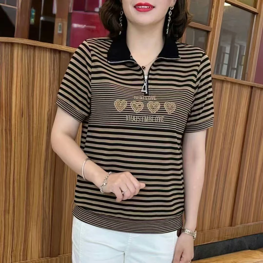 夏季新款女士条纹短袖t恤洋气拉链立领宽松显瘦减龄遮肉气质小衫