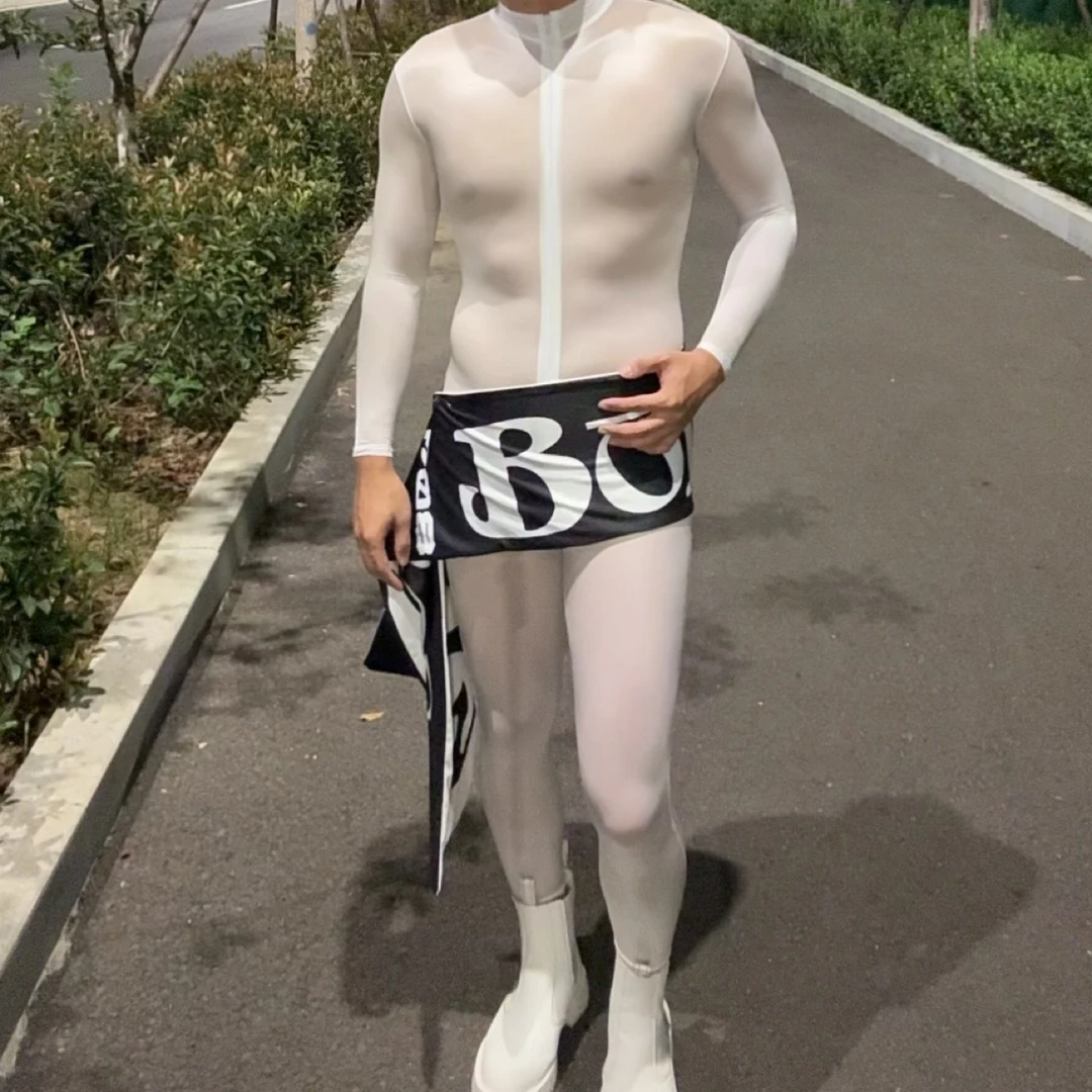 高光油亮拉链式 引动机车连体紧身衣白色男士女神时尚水润提亮