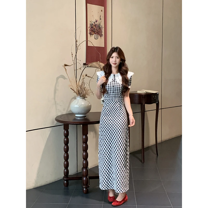 【海街日记】甜辣多多圆领拼接撞色大娃娃领格子收腰显瘦连衣裙