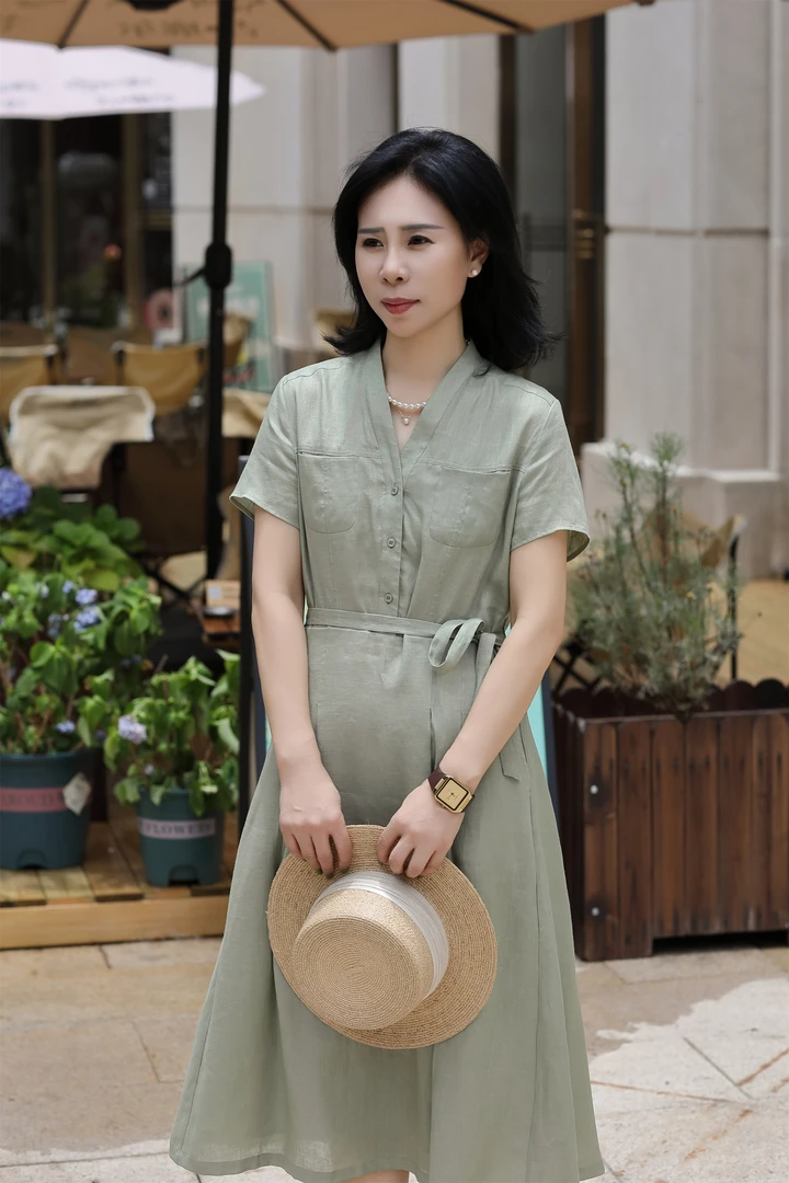 【杜小小】法式优雅高级时尚气质显瘦收腰绑带亚麻短袖连衣裙98912