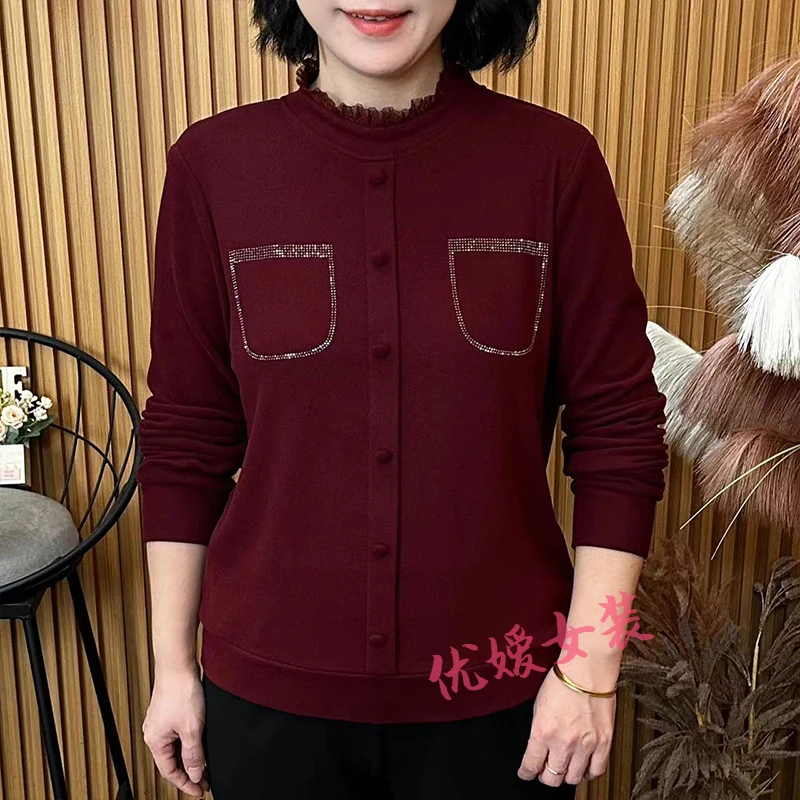中老年女装秋冬双面绒花边领烫钻休闲显瘦百搭洋气妈妈装长袖上衣
