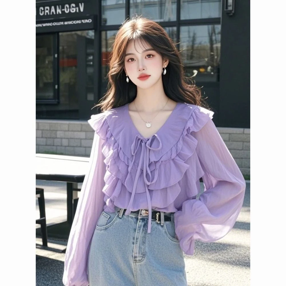 【店铺热销】2025春季新款小衫超好看独特漂亮洋气设计感紫色荷叶边