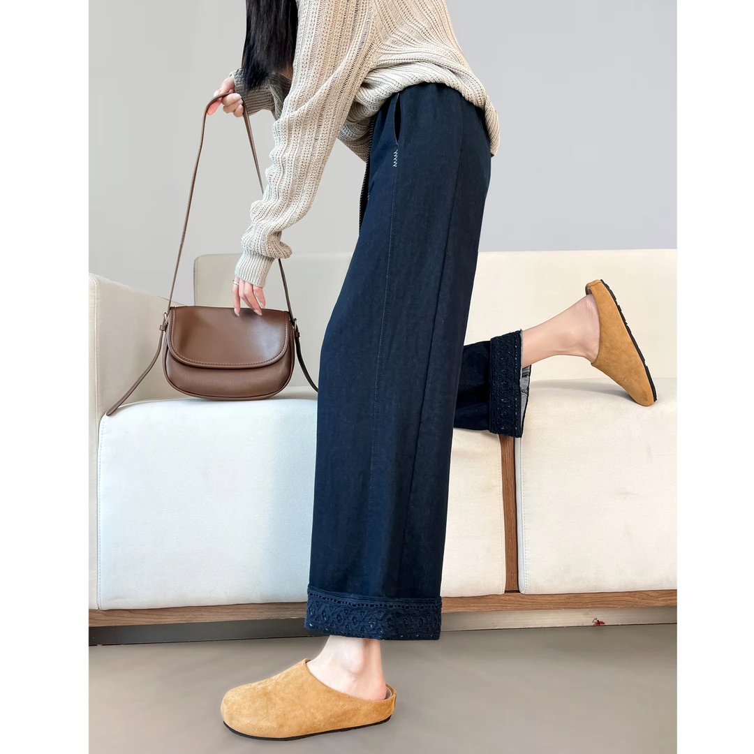 蕾丝九分阔腿裤女2025春秋新款高腰显瘦小个子垂感宽松直筒休闲裤