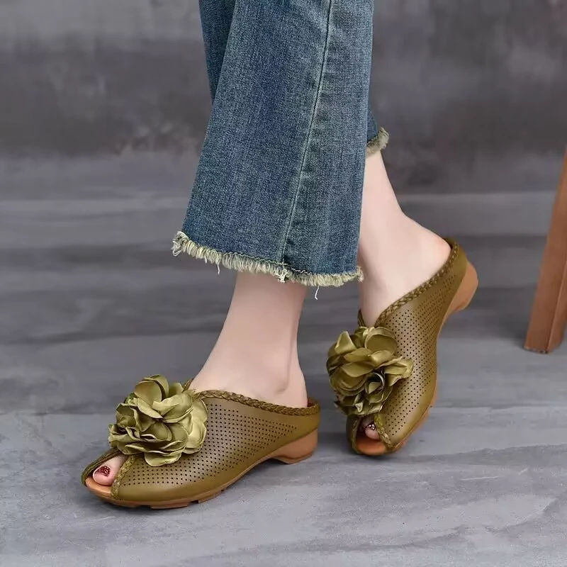 民族风手工真皮拖鞋女气质镂空软底防滑妈妈鞋文艺复古鱼嘴花朵拖