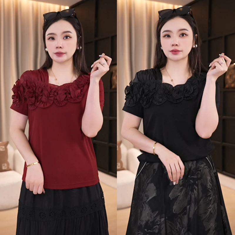 伊自尚大码女装小衫遮肚子显瘦韩版短袖设计感2025夏季上衣13859