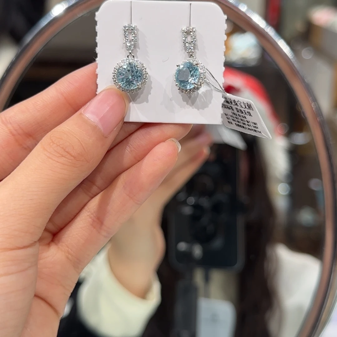 银S925镶嵌耳饰托帕石天空蓝 星星切