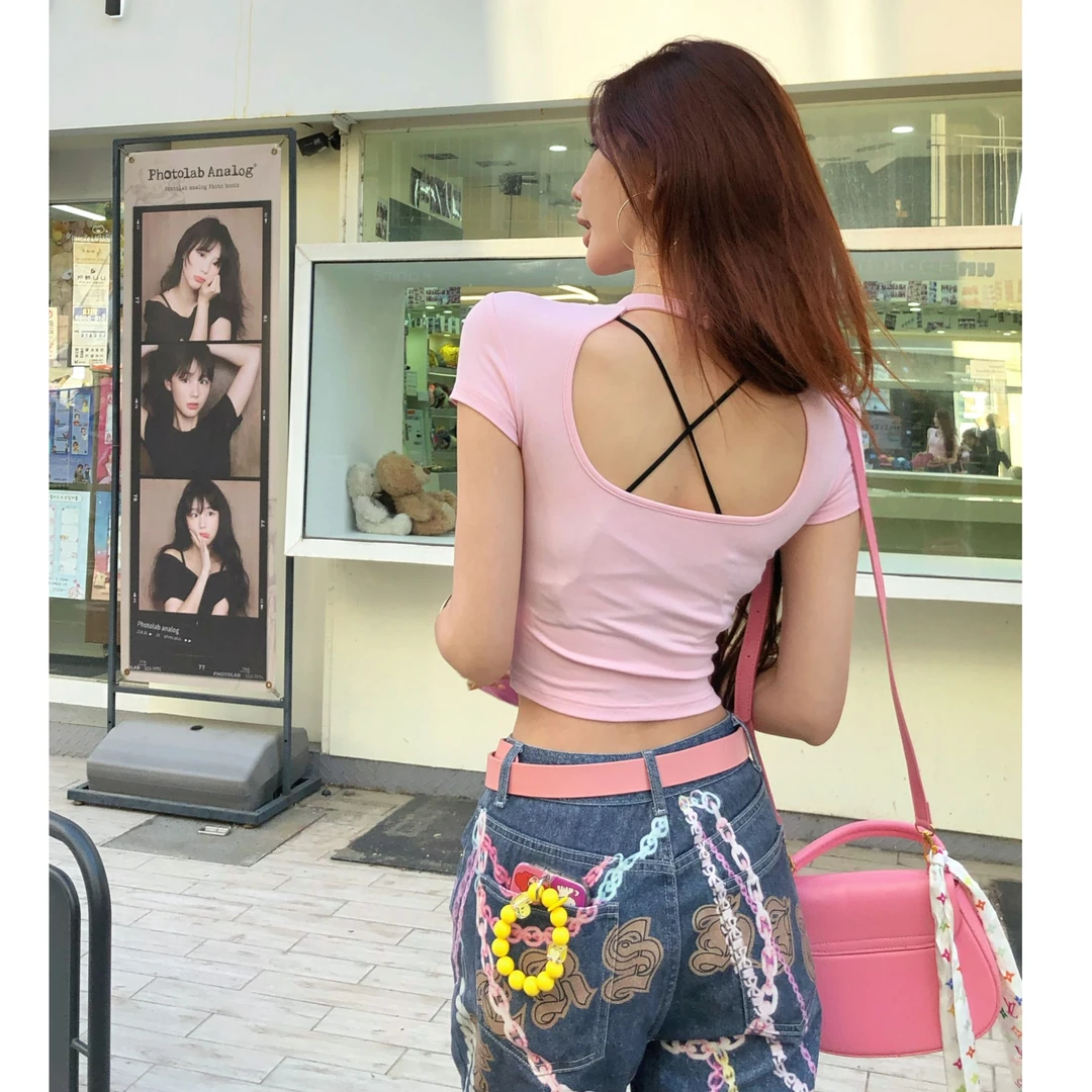 小鱼【露背T】夏季显瘦时尚短款圆领休闲T恤上衣LWJ25A1T948