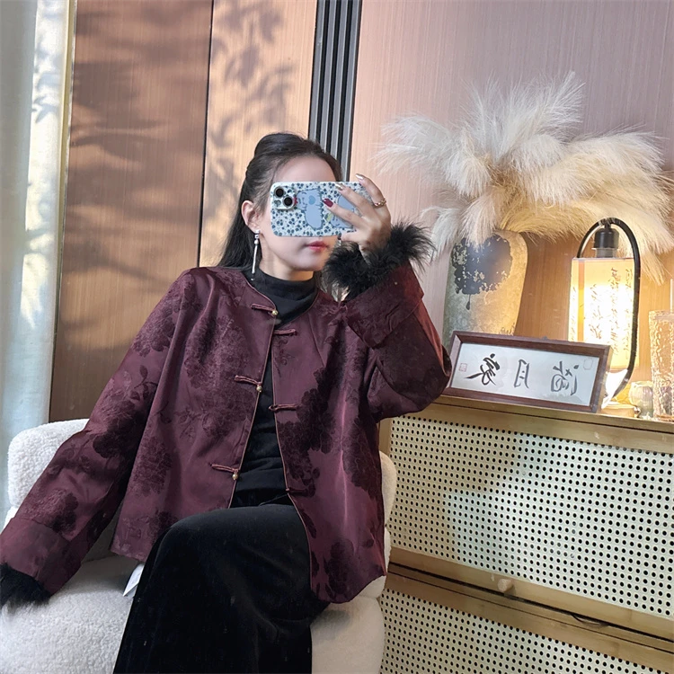 【暖冬-红】新中式植绒中国风国潮高级感气质休闲女上衣百搭外套