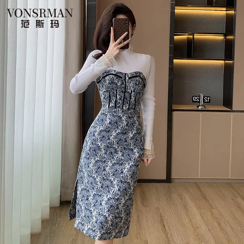 秋冬季打底拼接贵妇外穿中长款常规针织显瘦气质减龄女士连衣裙女