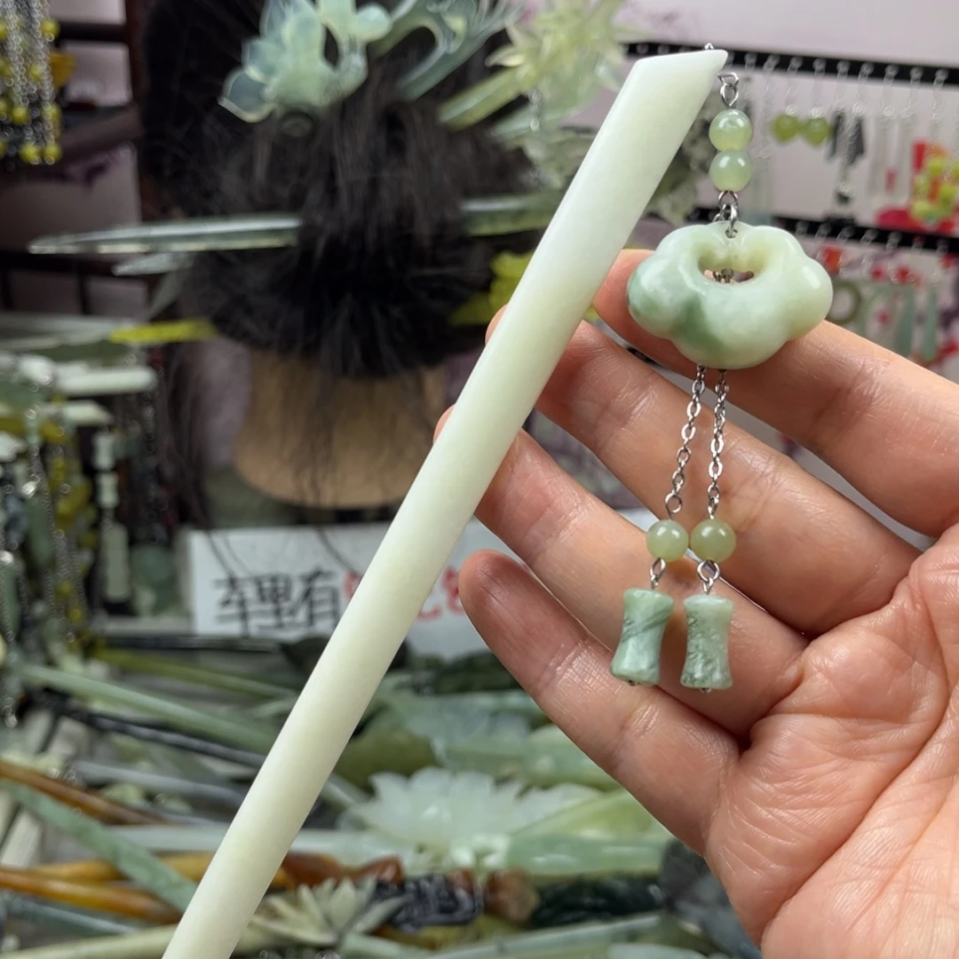 岫玉未镶嵌发饰长度20.5厘米左右，扁杆！！！