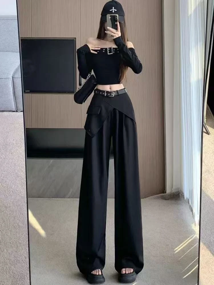 2025秋季设计感不规则拼接假两件西装裤女高腰显瘦阔腿裤休闲西裤