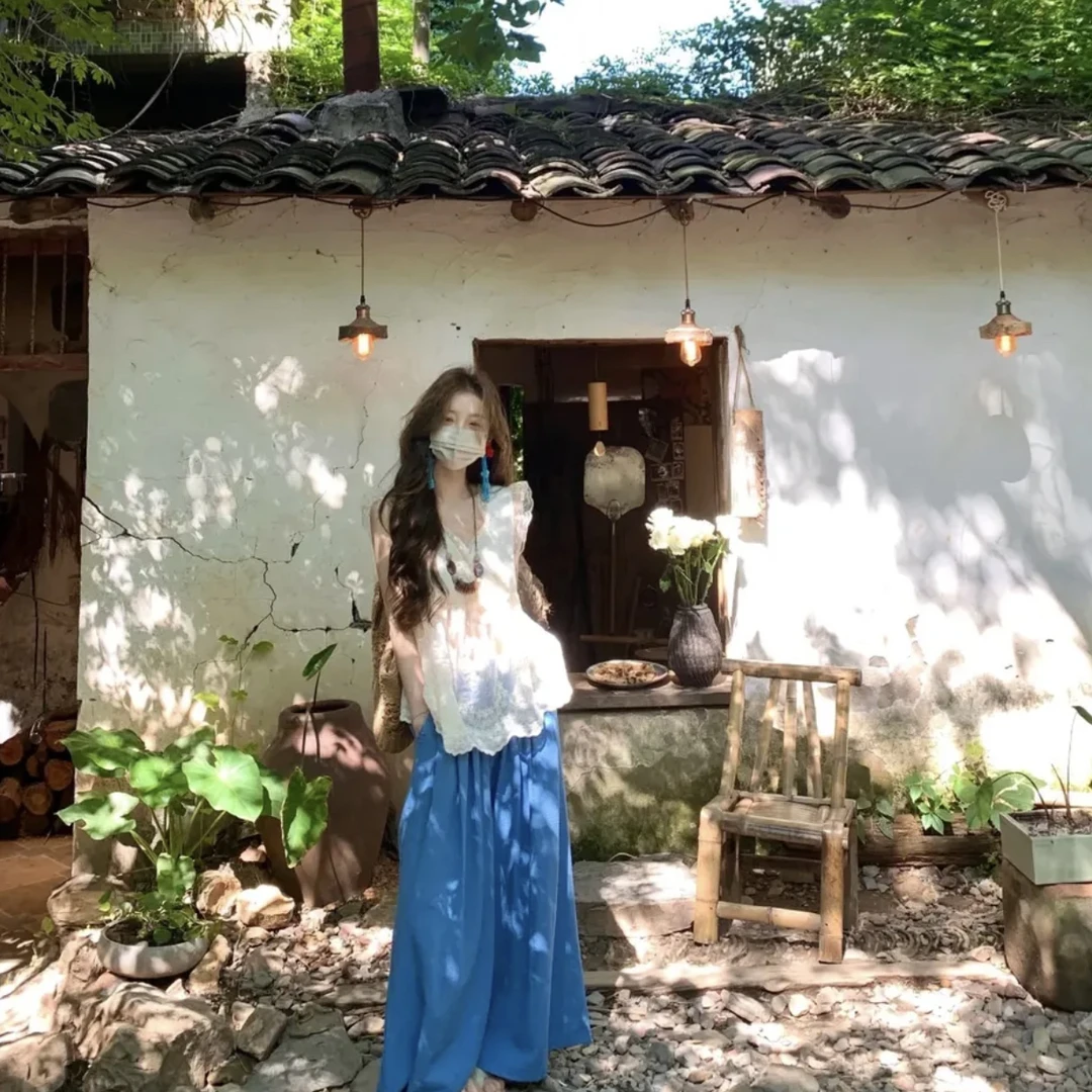 田园个性穿搭V领蕾丝边小飞袖微透显瘦百搭小众上衣阔腿休闲裤