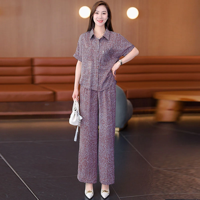 2025夏季新款时尚休闲套装洋气宽松遮肚显瘦短袖衬衫阔腿裤两件套