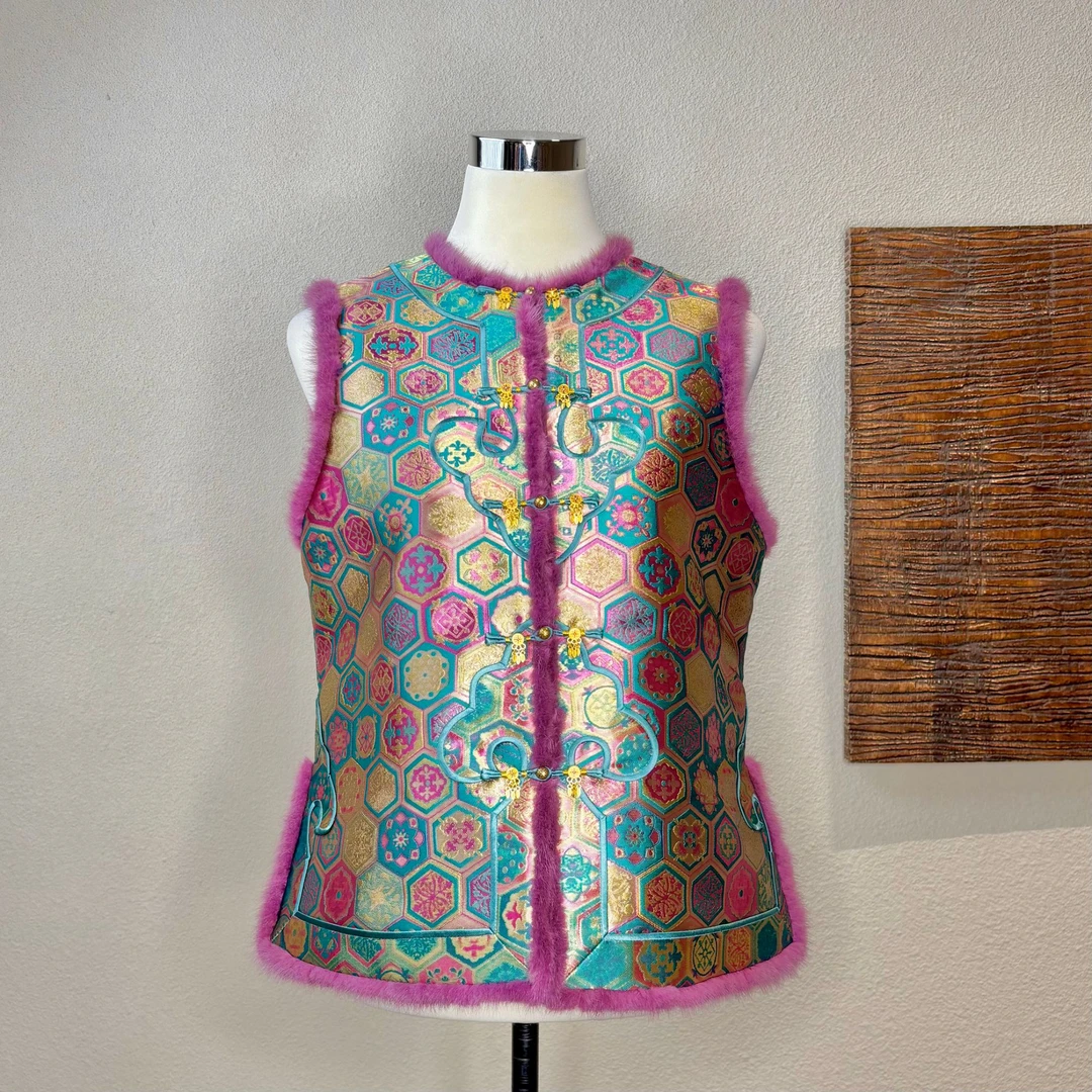 【斓格】桑蚕丝织金宋锦拼接高档水貂毛中式秋冬款百搭马夹251058