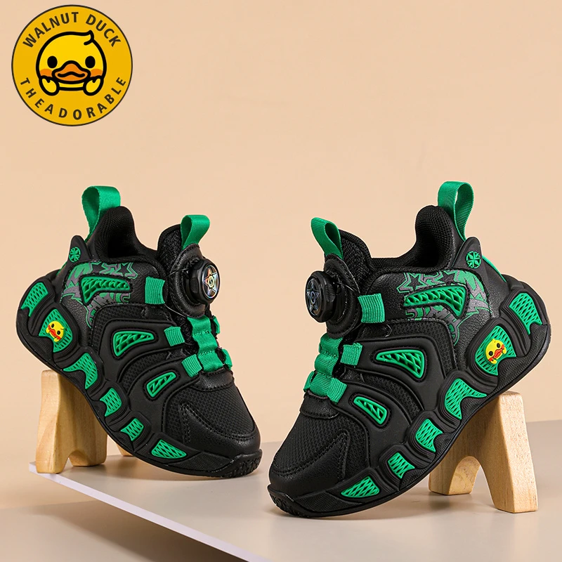 小黄鸭童鞋儿童篮球鞋2025春秋季旋转纽扣皮面防滑男童运动鞋子