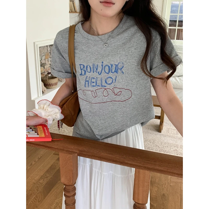 法式博主感涂鸦字母ins印花短袖短款圆领恤藏青白色浅灰夏季宽松