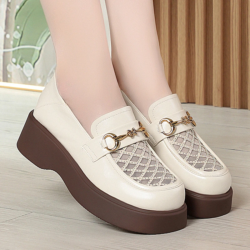 2025春秋新款厚底乐福鞋软底皮鞋透气网面鞋女鞋圆头单鞋真皮鞋女