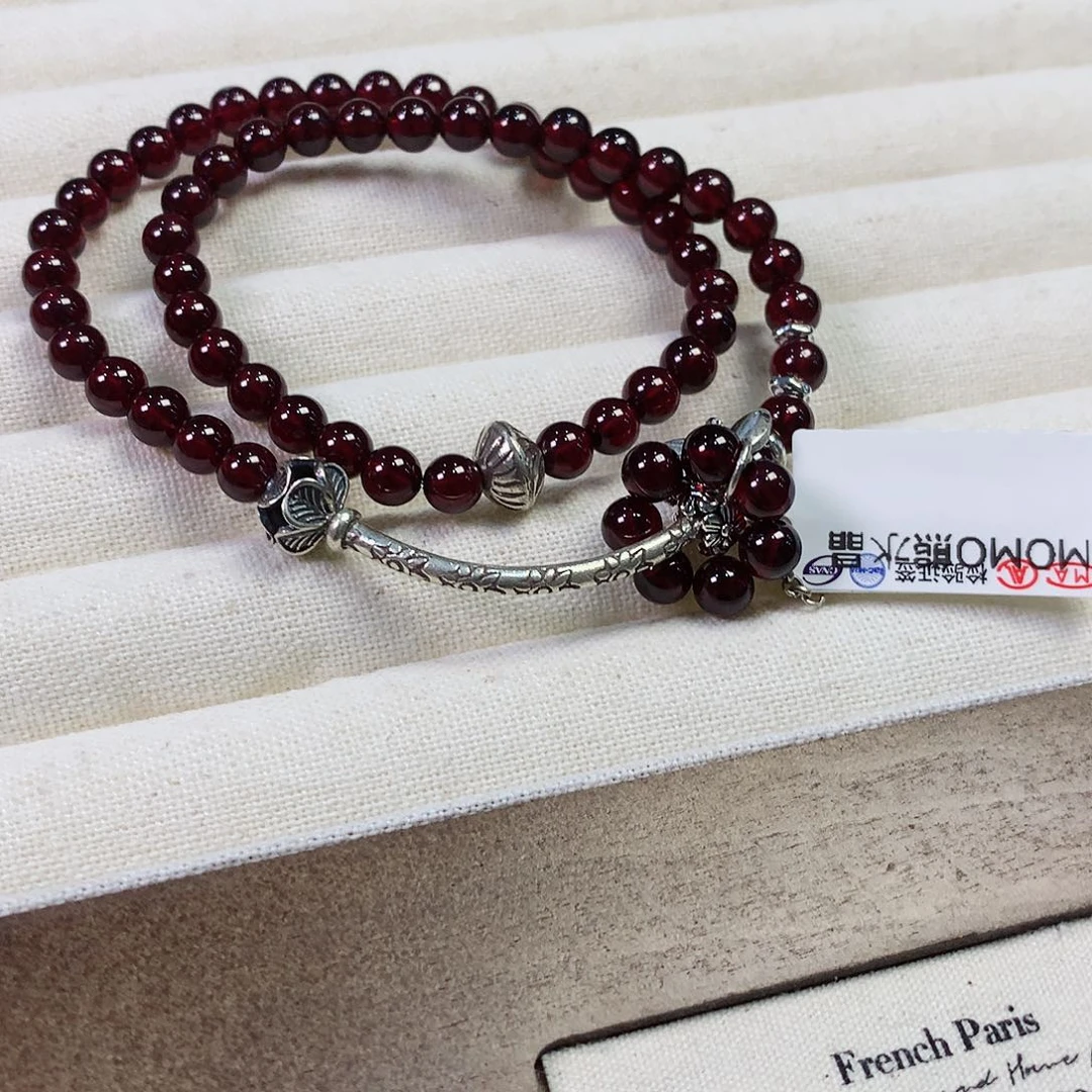 手链银S925镶嵌石榴石凉**树石榴石双圈609