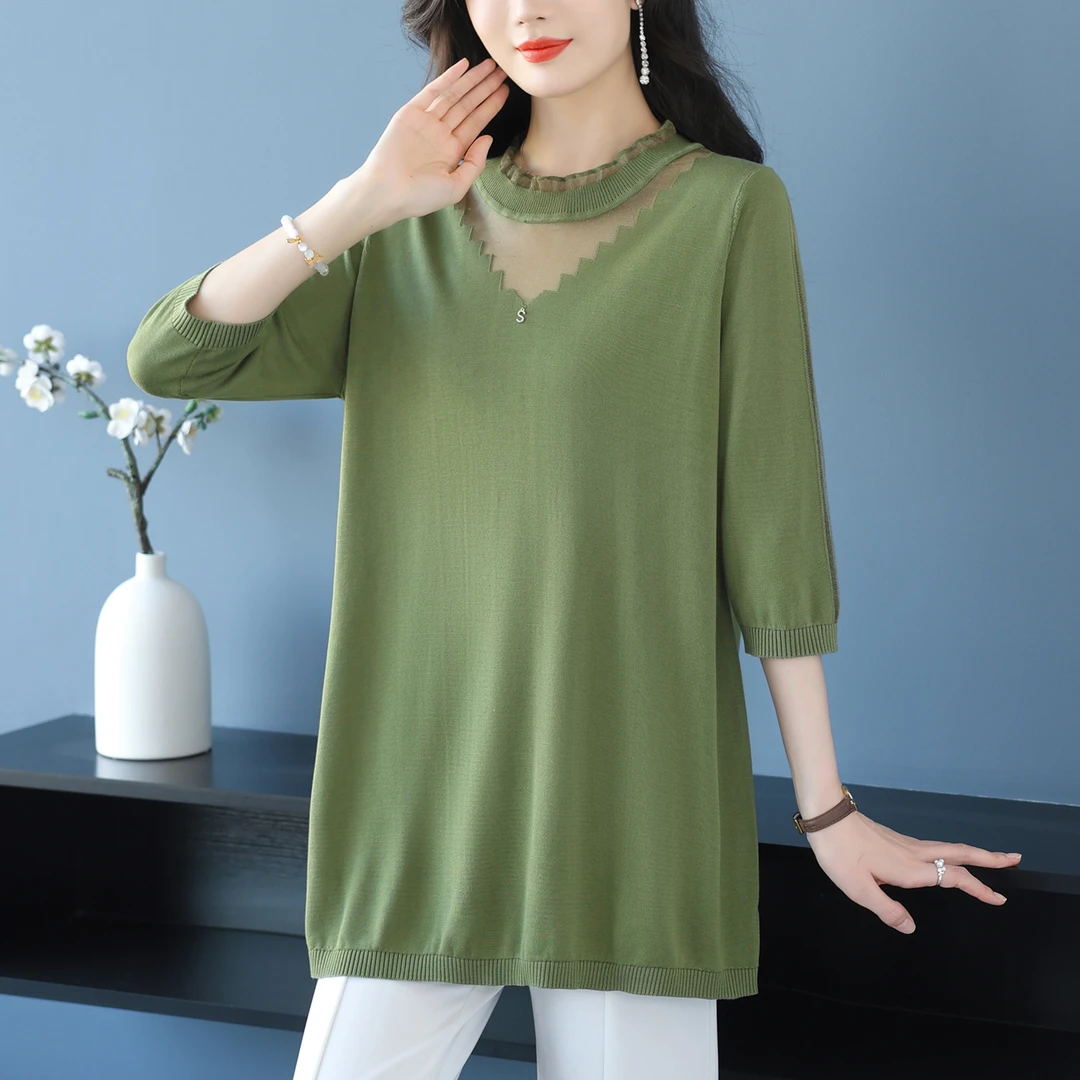 蕾丝领上衣女秋季薄款中长款遮屁股打底衫2025新款妈妈大码针织衫
